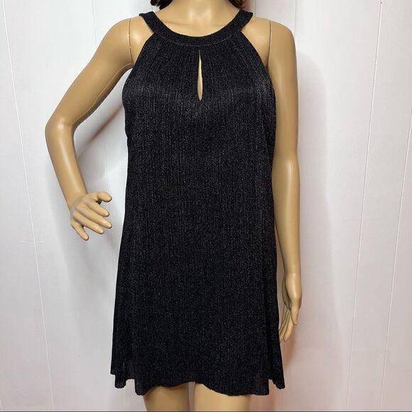 Vince Camuto Halter Swing Dress Womens 6 Black Metallic Keyhole Sleeveless Short - Picture 1 of 8